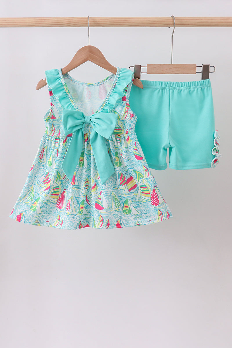 Blue Sailboat Ruffle Shorts Set