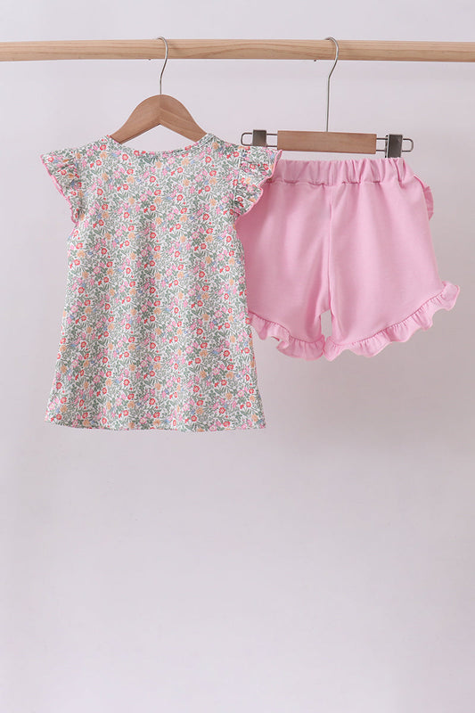 Floral Bunny Appliqué Ruffle Shorts Set