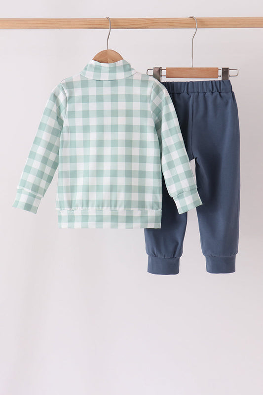 Sage Turkey Embroidery Gingham Jogger Set - Sweet Thanksgiving Style for Boys