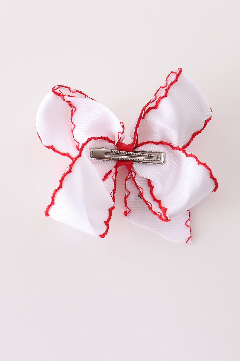 Red Candy Cane Embroidery Crochet Edge Hair Bow - Sweet Holiday Accessory for Girls