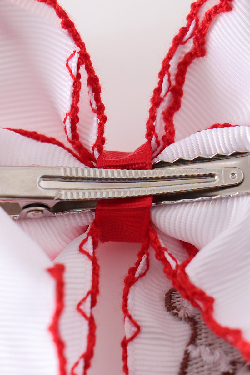 Red Gingerbread Embroidery Crochet Edge Hair Bow - Sweet Holiday Accessory for Girls