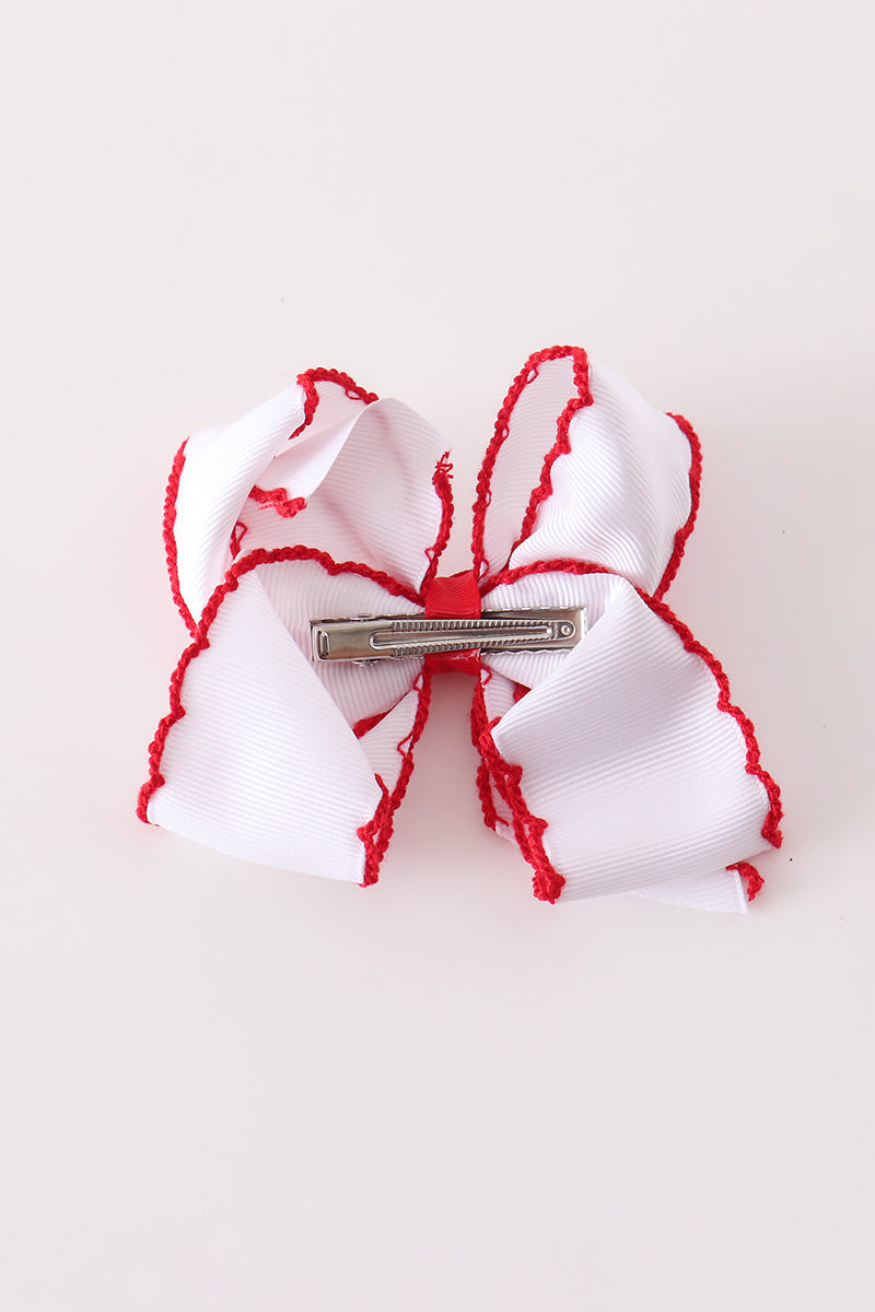 White Snowman Embroidery Crochet Edge Hair Bow - Whimsical Winter Accessory for Girls