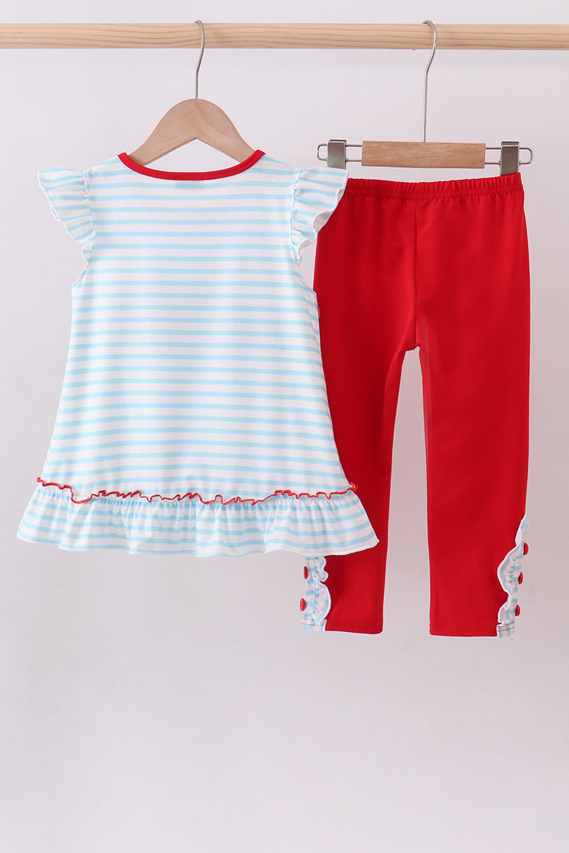 Blue Stripe Sports Trio Applique Ruffle Pants Set