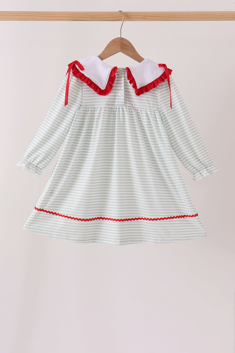Sage Santa Applique Gingham Ruffle Stripe Dress - Festive Holiday Style for Girls