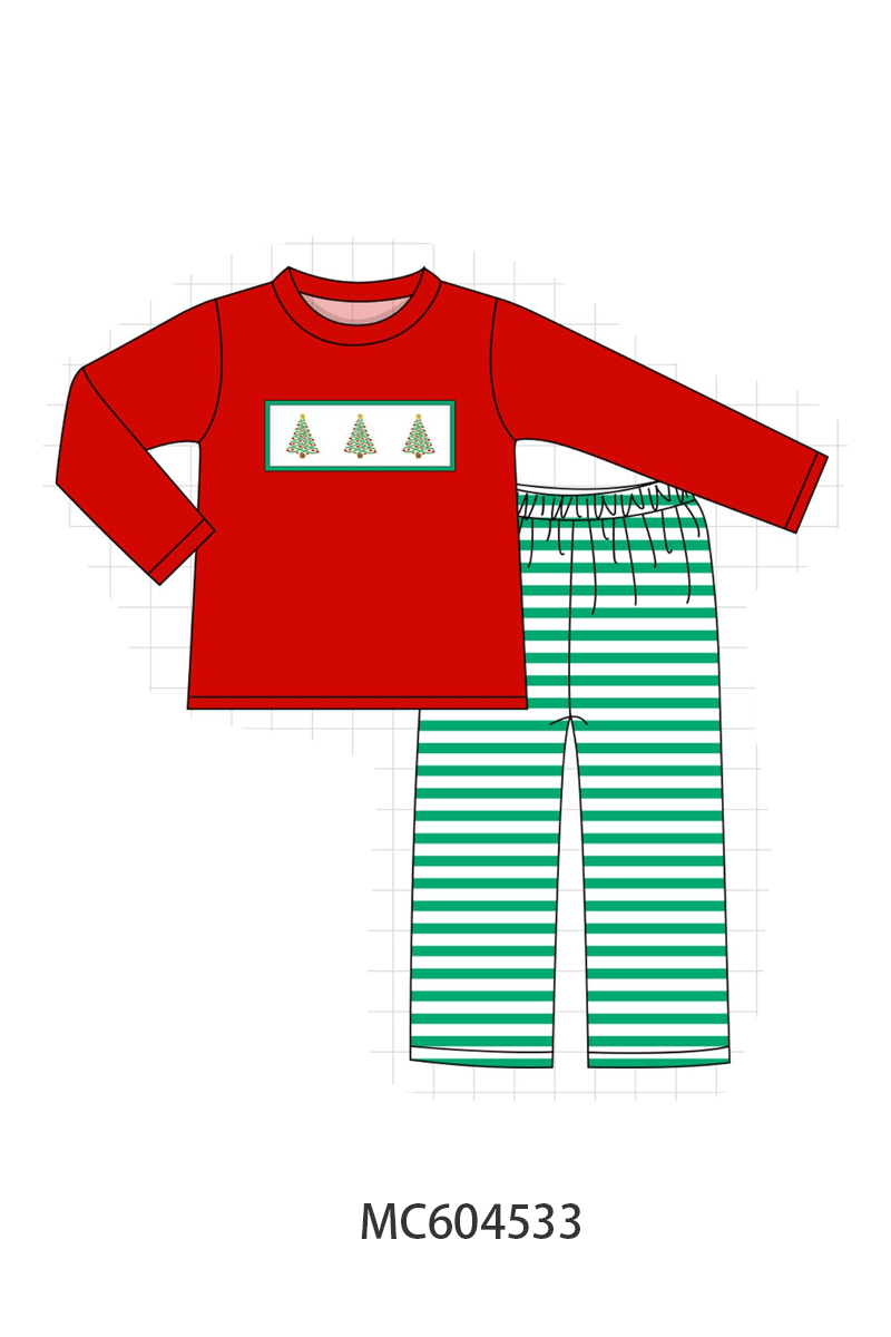 Red Christmas Tree Embroidery Stripe Pants Set - Festive Holiday Style for Girls