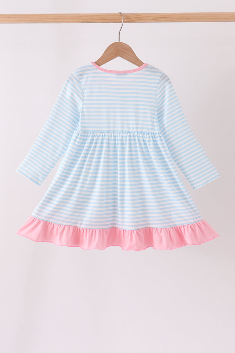 Blue Stripe Nutcracker Embroidery Ruffle Dress - Sweet Christmas Style for Girls