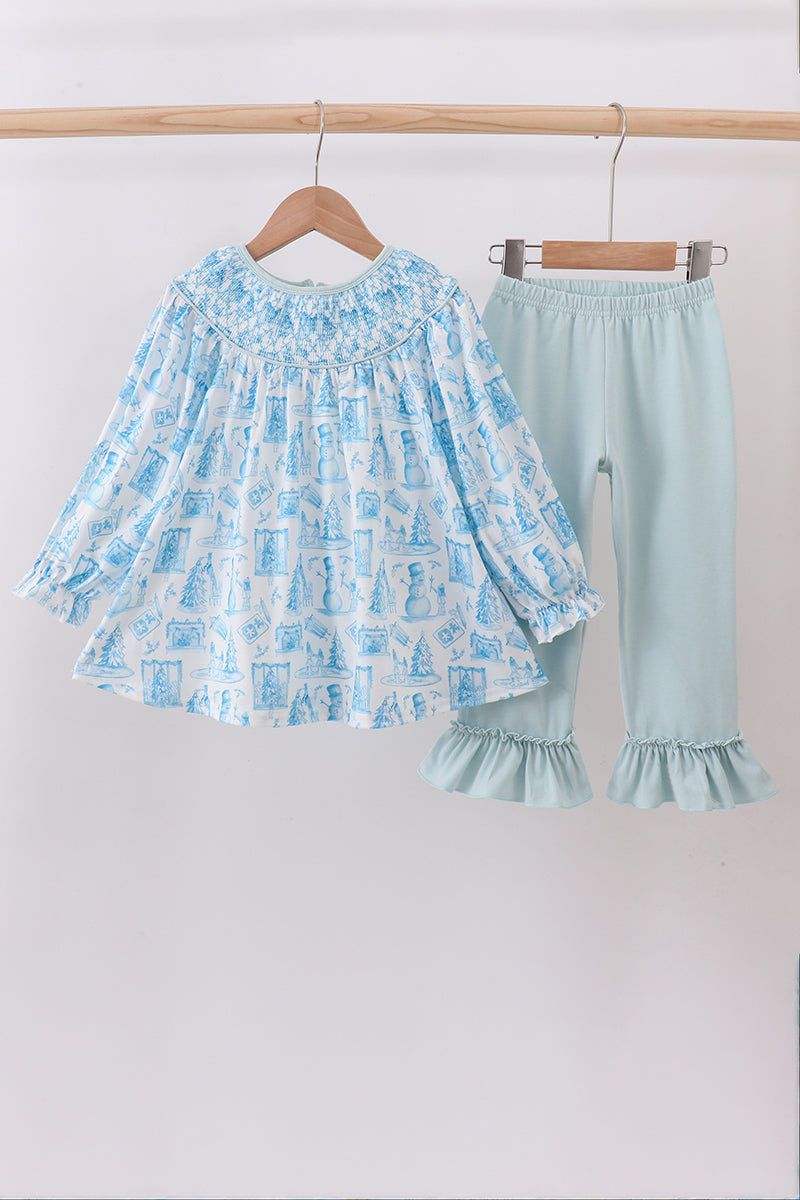 Blue Snowman Christmas Tree Smocked Ruffle Pants Set