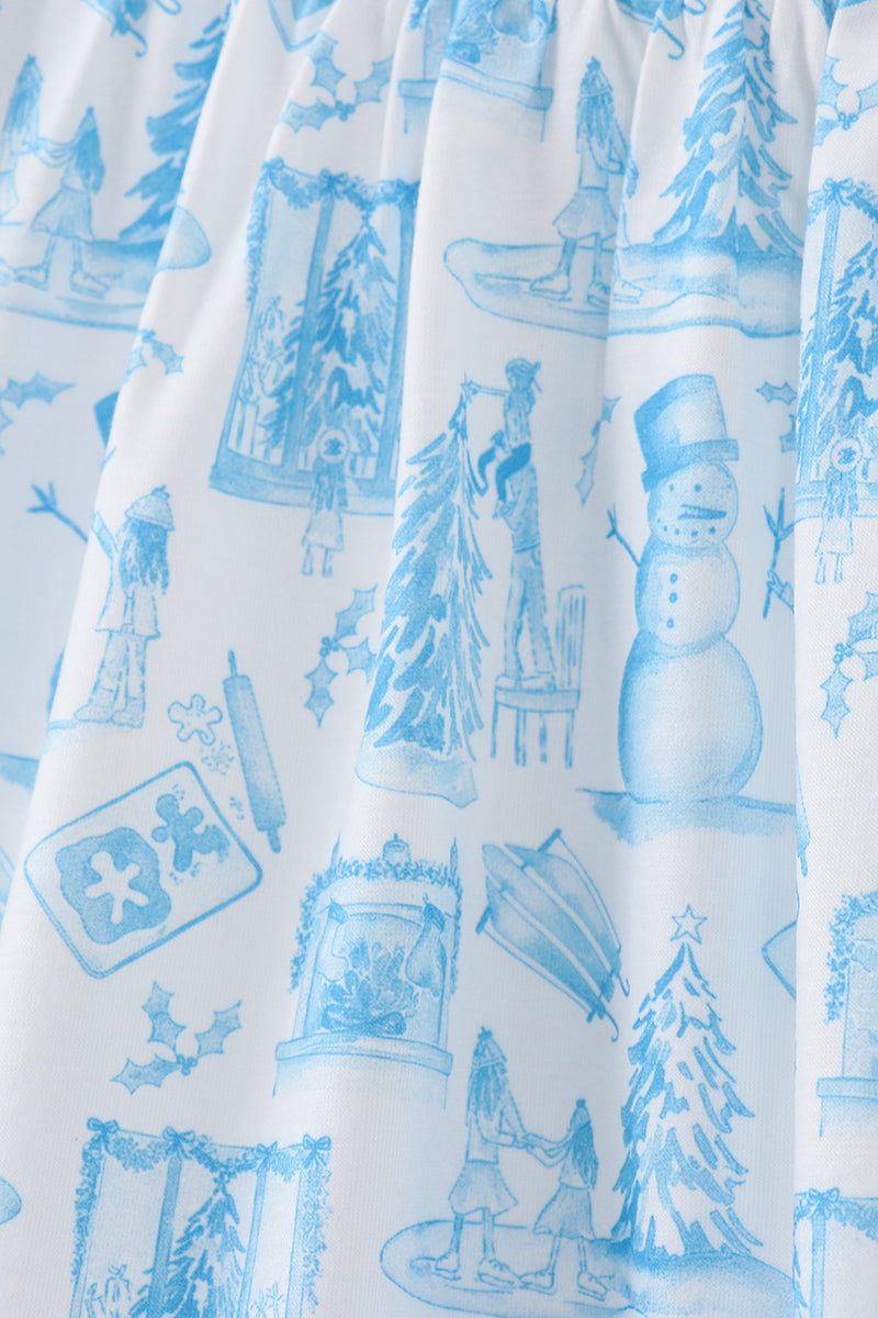 Blue Snowman Christmas Tree Smocked Ruffle Pants Set