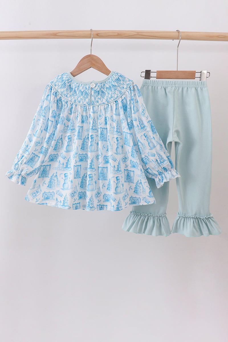 Blue Snowman Christmas Tree Smocked Ruffle Pants Set
