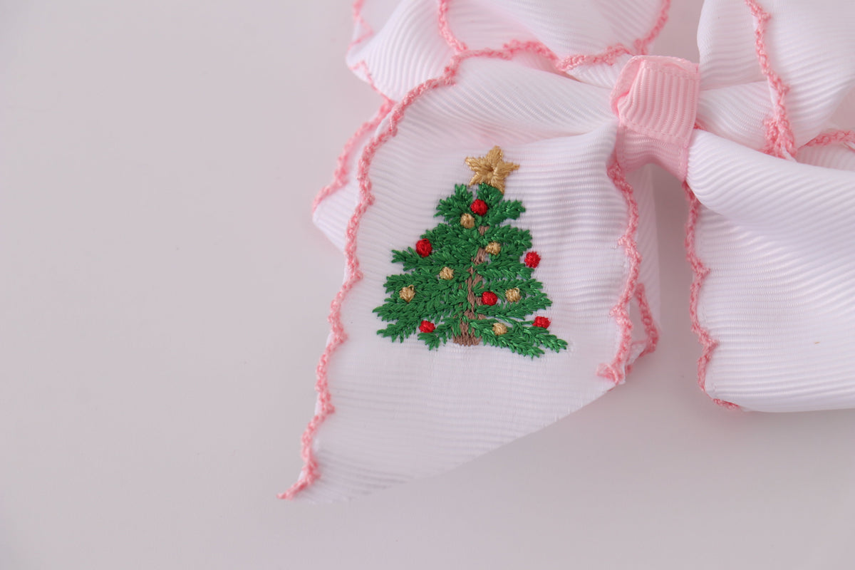 Christmas Tree Embroidery Hair Bow - Festive Holiday Accessory for Girls