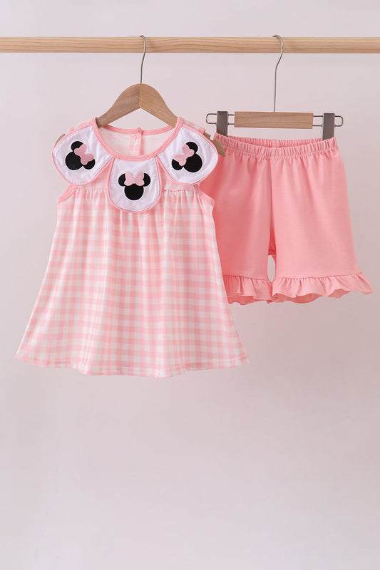 Girls Pink Character Embroidery Gingham Dress & Shorts Set