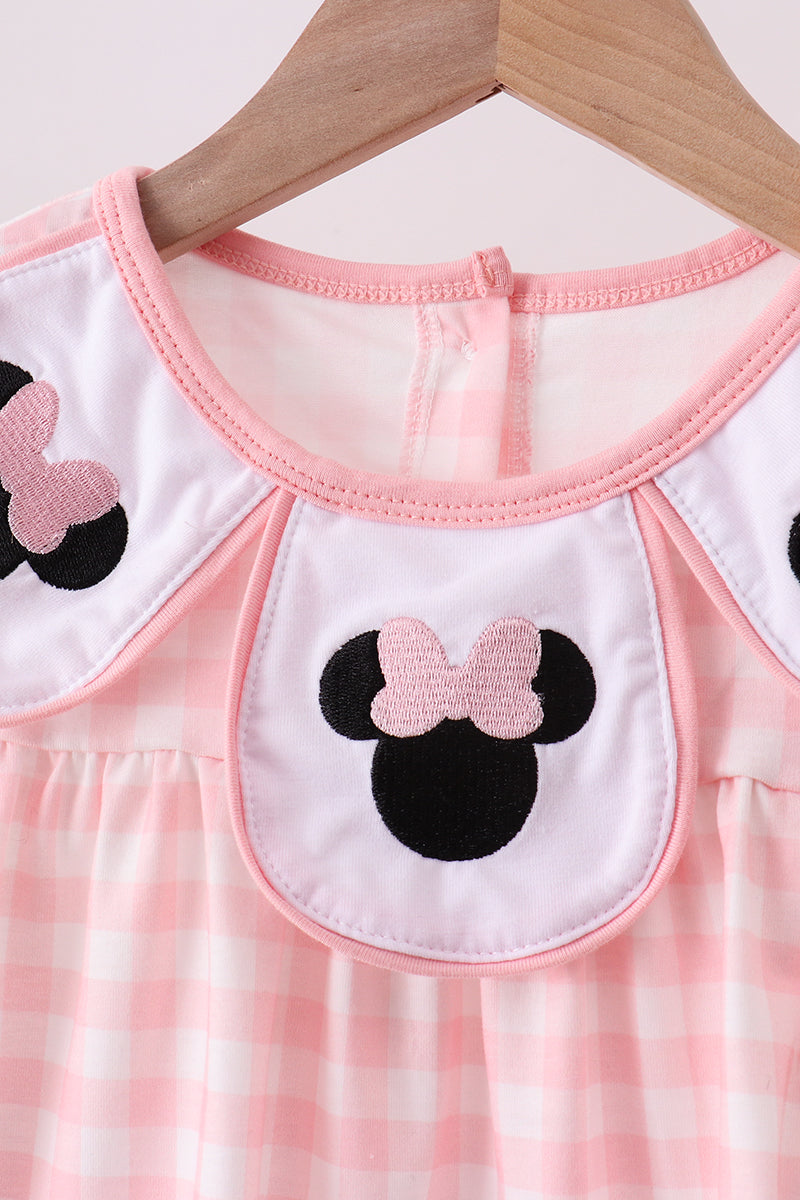 Girls Pink Character Embroidery Gingham Dress & Shorts Set