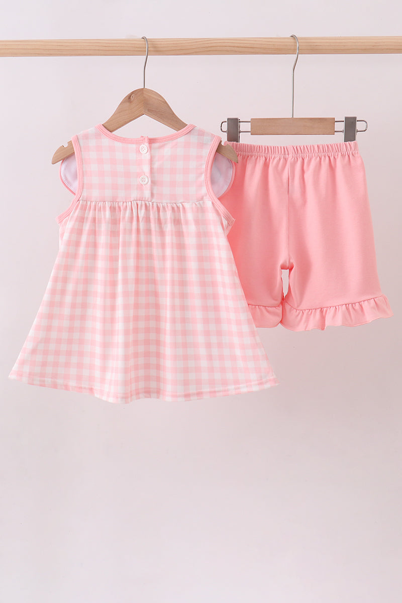 Girls Pink Character Embroidery Gingham Dress & Shorts Set