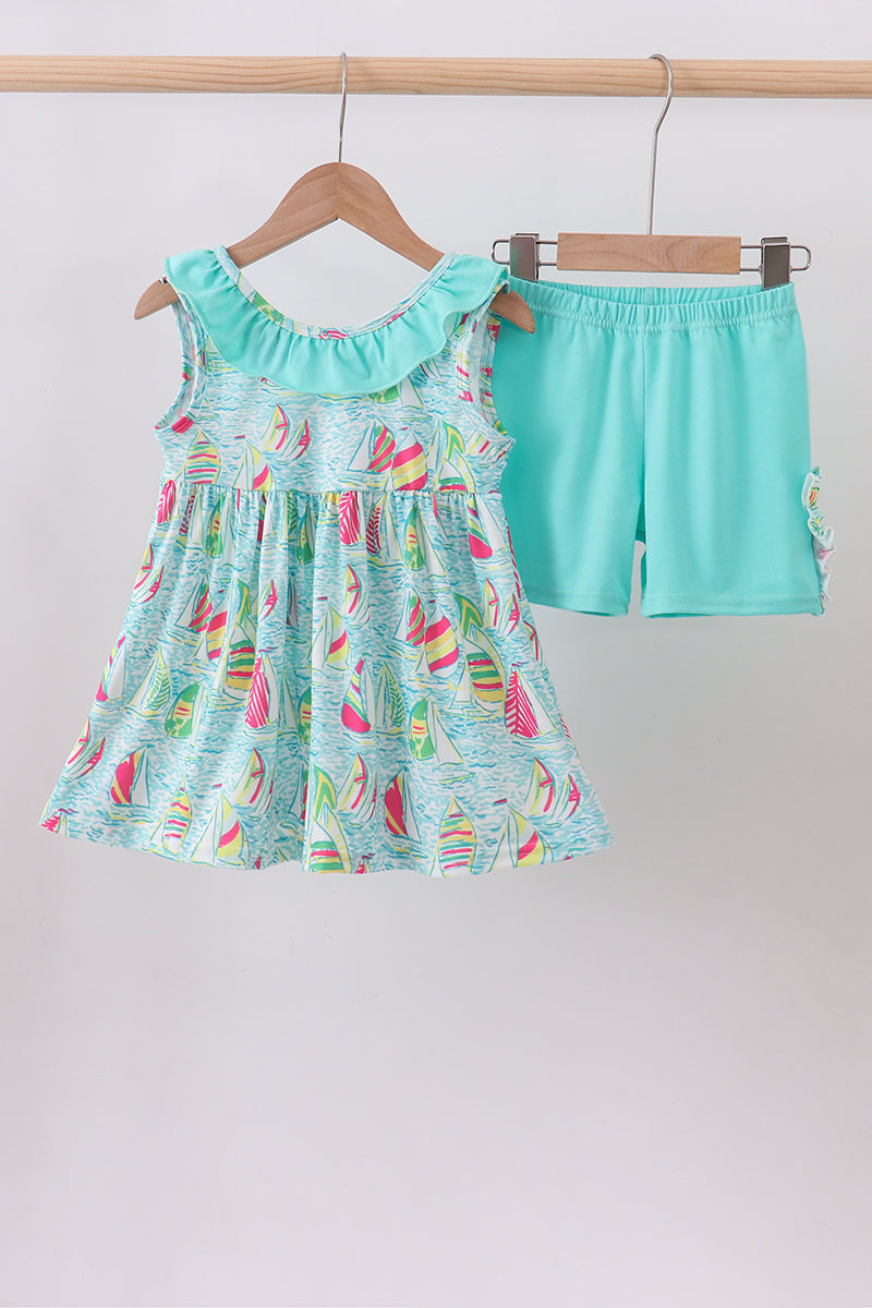 Blue Sailboat Ruffle Shorts Set