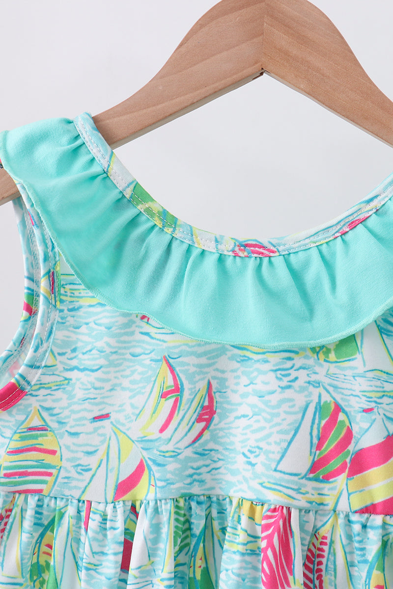 Blue Sailboat Ruffle Shorts Set