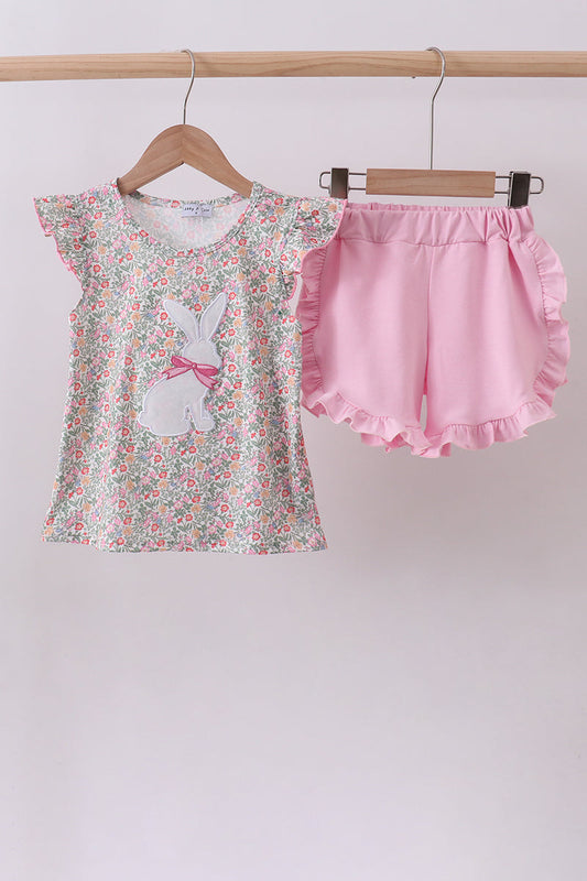 Floral Bunny Appliqué Ruffle Shorts Set