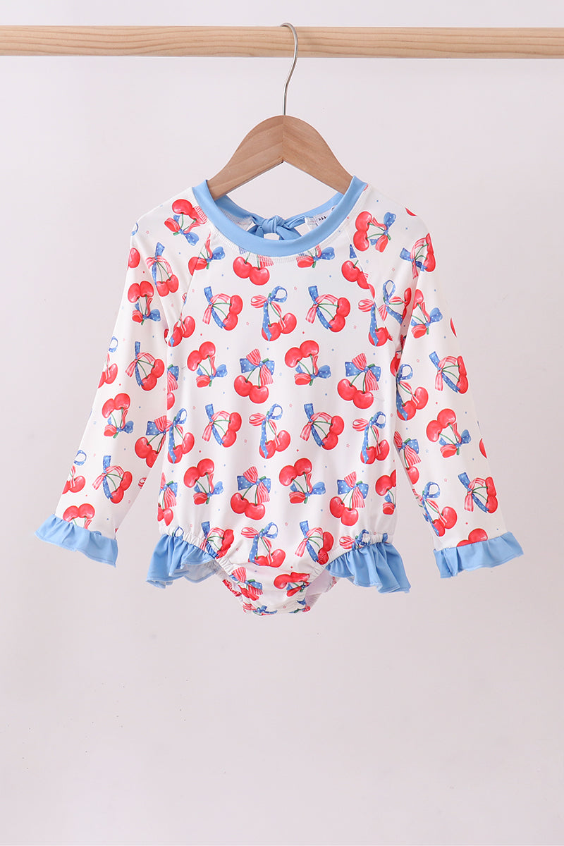Blue Cherry Print Rash Guard Swimwear