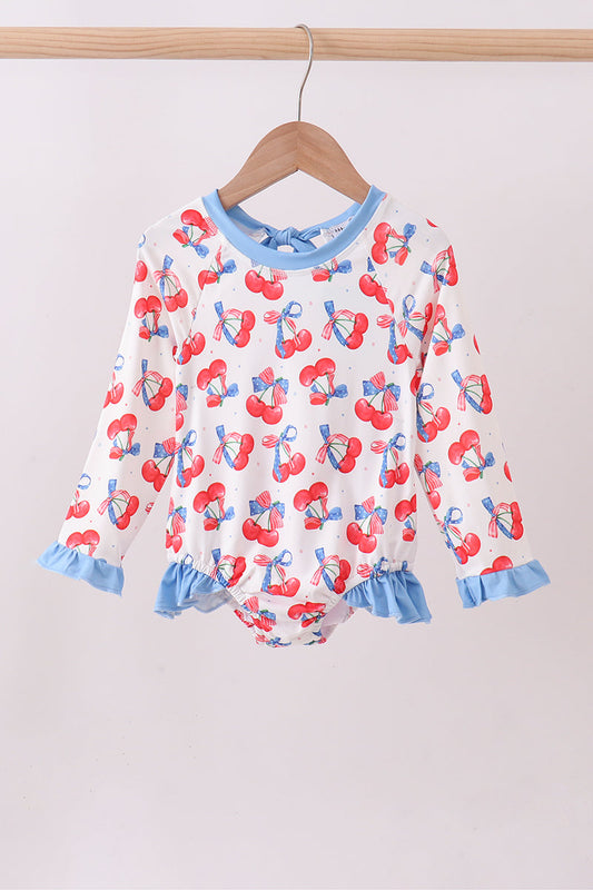 Blue Cherry Print Rash Guard Swimwear
