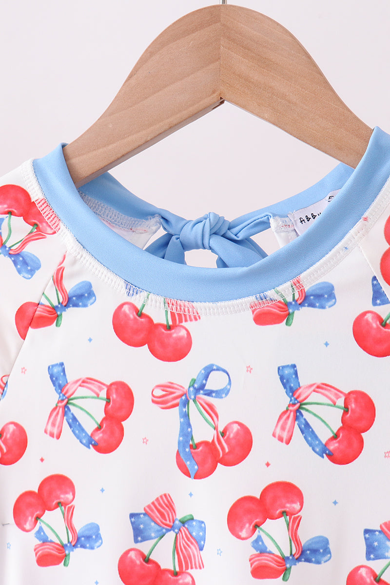 Blue Cherry Print Rash Guard Swimwear