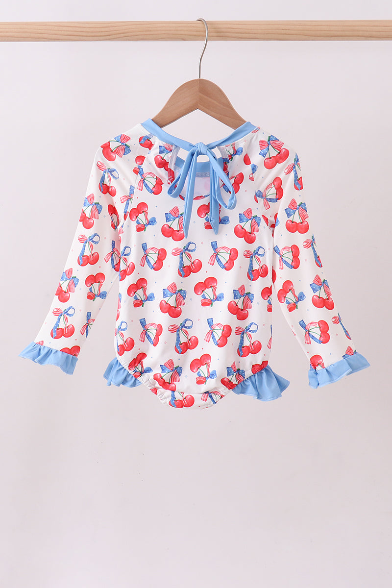 Blue Cherry Print Rash Guard Swimwear