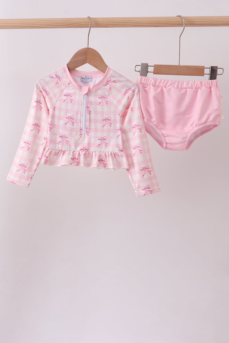 Pink Bow Print Ruffle Zipper 2-Piece Swimsuit