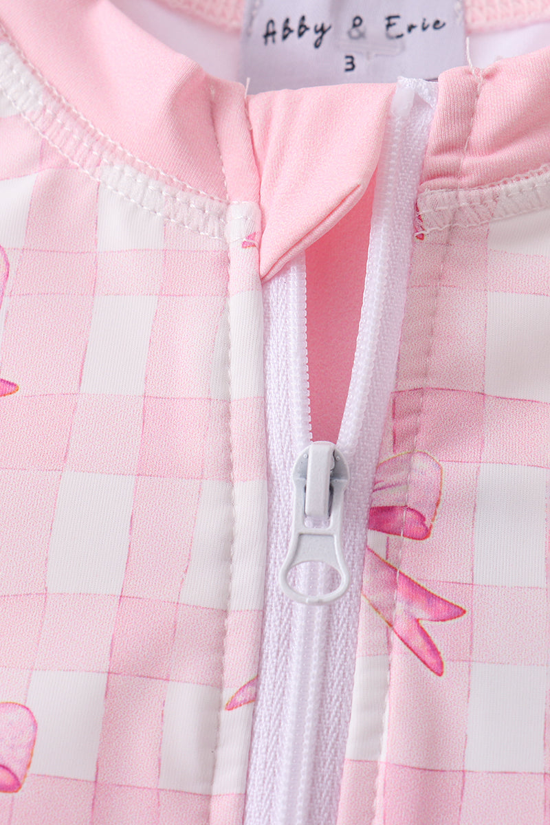 Pink Bow Print Ruffle Zipper 2-Piece Swimsuit