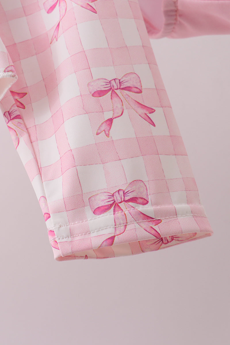 Pink Bow Print Ruffle Zipper 2-Piece Swimsuit