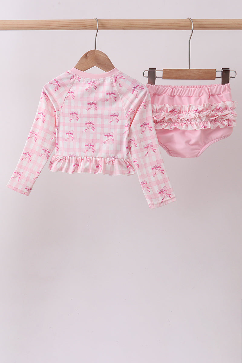 Pink Bow Print Ruffle Zipper 2-Piece Swimsuit