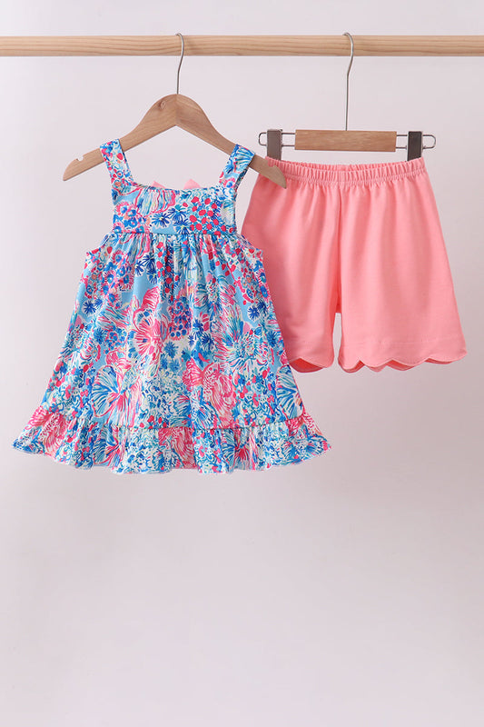 Pink Tropical Ruffle Shorts Set