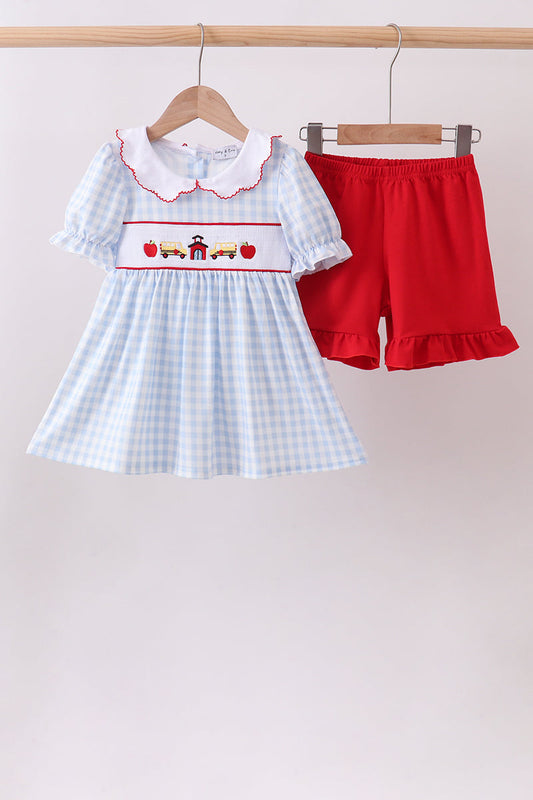 Blue School Bus Smocked Ruffle Shorts Set – Back-to-School Girls Two-Piece