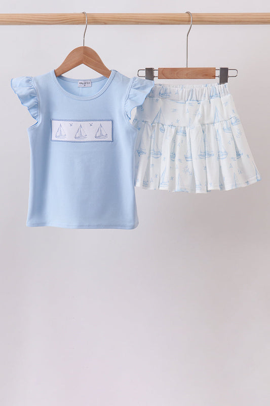 Blue Sailboat Embroidered Skorts Set – Nautical Girls Two-Piece