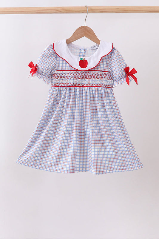 Blue Apple Smocked Plaid Dress – Classic Back-to-School Style for Girls