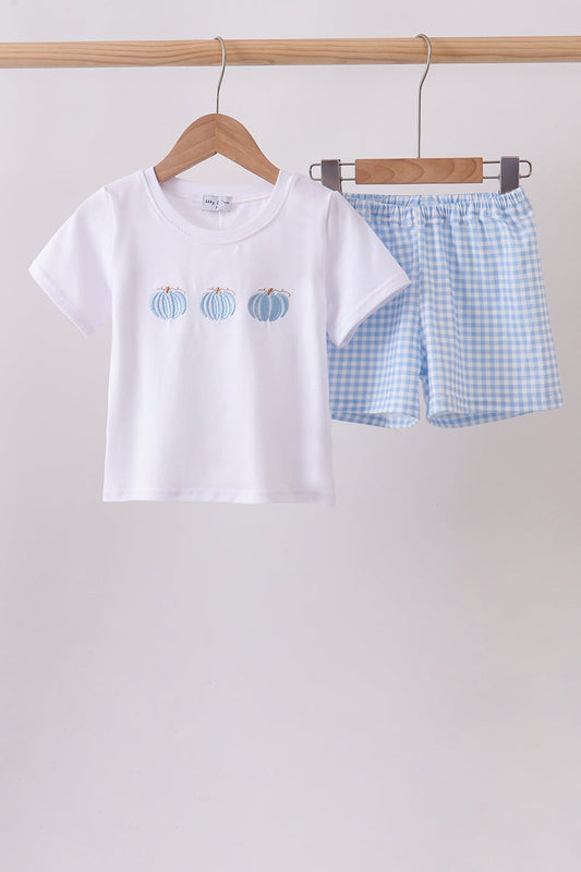 Blue Pumpkin Embroidered Gingham Shorts Set – Cute Fall Style for Girls