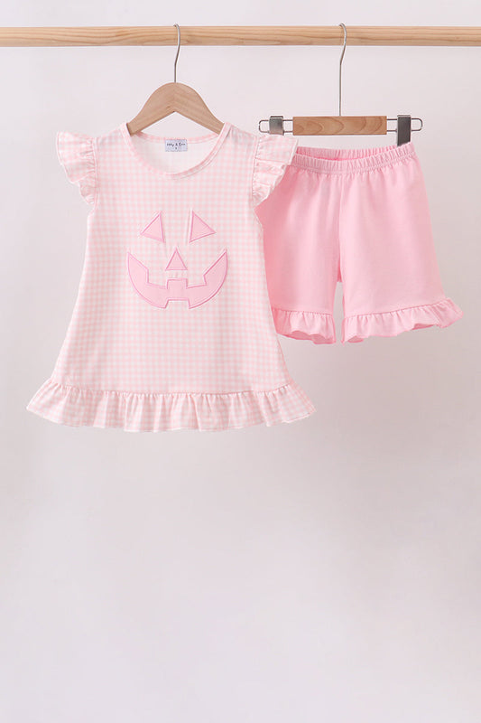 Pink Jack-O-Lantern Applique Ruffle Shorts Set – Girls Halloween Two-Piece