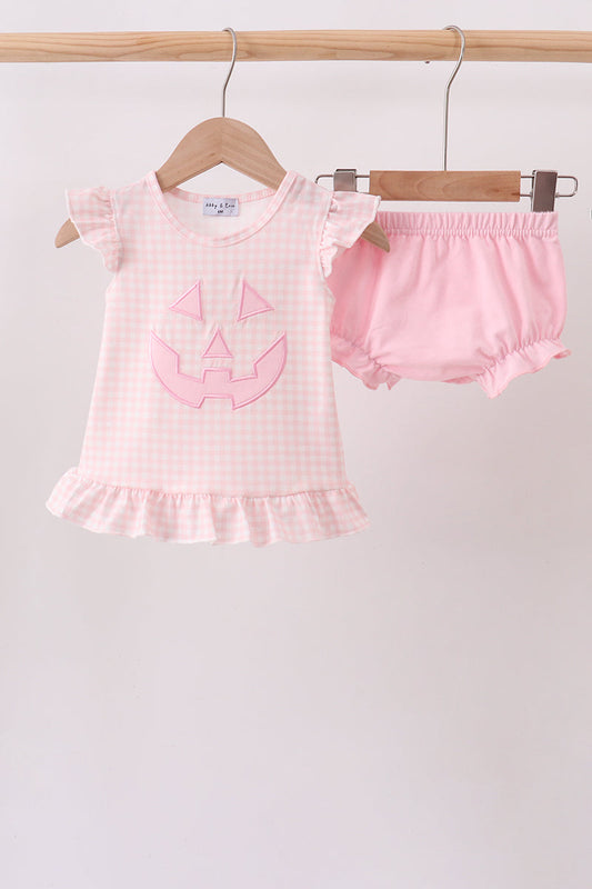Pink Jack-O-Lantern Appliqué Ruffle Bloomer Set – Halloween Girls Two-Piece