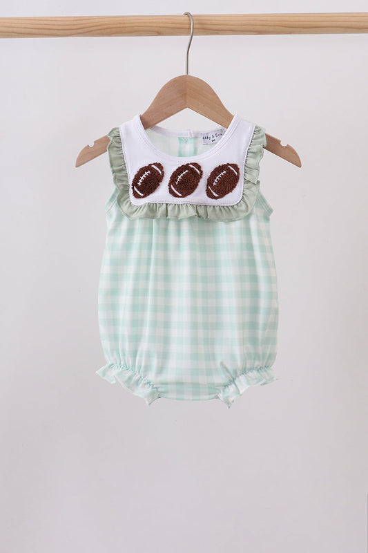 Green Football French Knot Gingham Ruffle Bubble – Game Day Baby Girl One-Piece