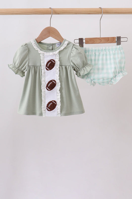 Green Football French Knot Gingham Bloomer Set – Game Day Baby Girl Two-Piece