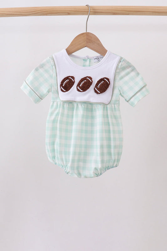 Green Football French Knot Gingham Bubble – Game Day Baby Girl One-Piece