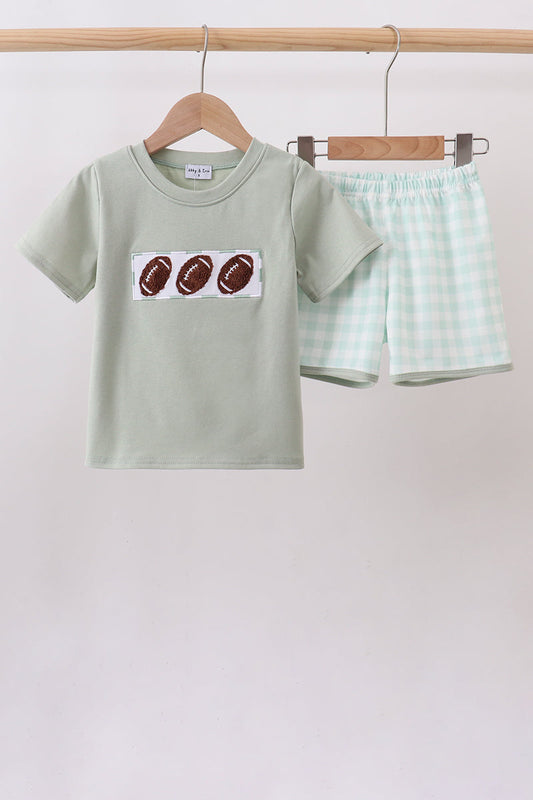 Green Football French Knot Gingham Shorts Set – Girls Game Day Two-Piece