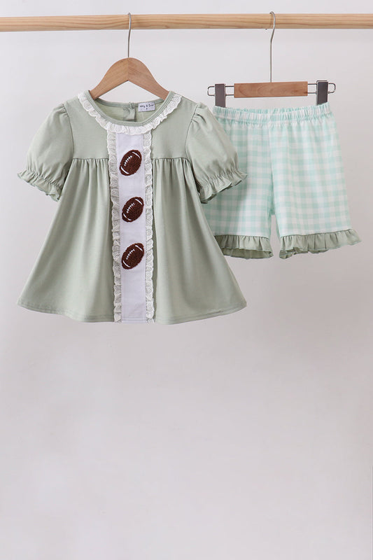 Green Football French Knot Gingham Ruffle Shorts Set – Game Day Girls Style