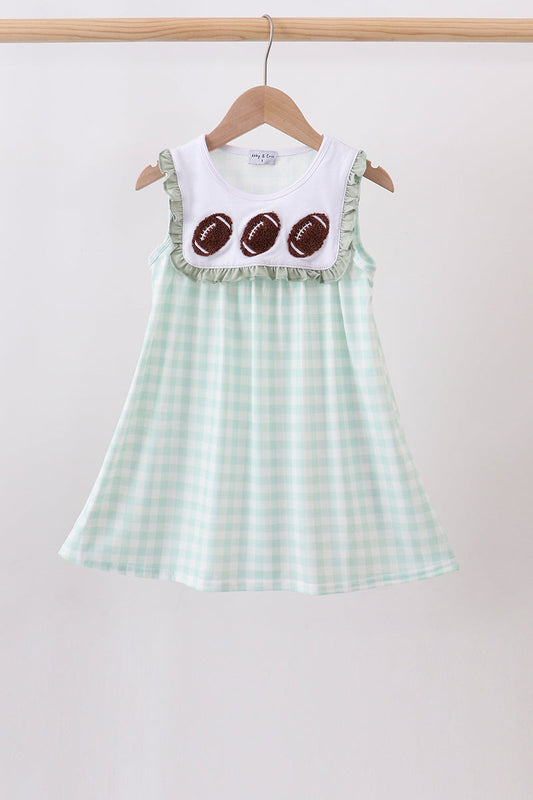Green Football French Knot Gingham Ruffle Dress – Game Day Girls Dress