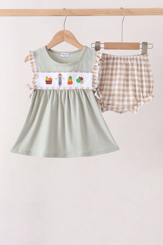 Green Scarecrow Embroidery Bloomer Set - Perfect for Little Ones