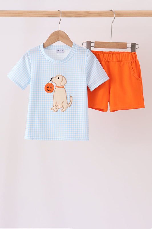 Blue Puppy Pumpkin Applique Shorts Set - Adorable Baby Boy Look