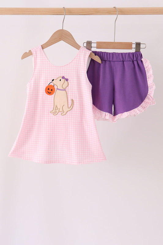 Pink Puppy Pumpkin Applique Ruffle Shorts Set - Adorable Fall Girl Style