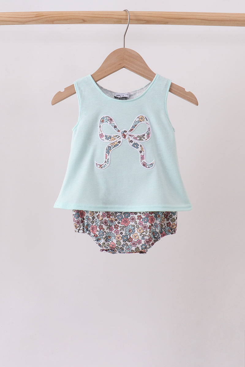 Blue Floral Bow Applique Bubble - Sweet & Soft Baby Girl Style