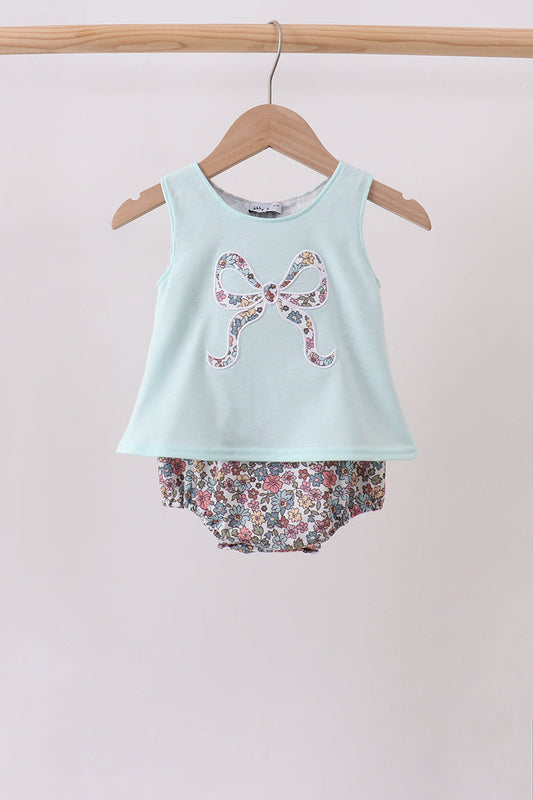 Blue Floral Bow Applique Bubble - Sweet & Soft Baby Girl Style