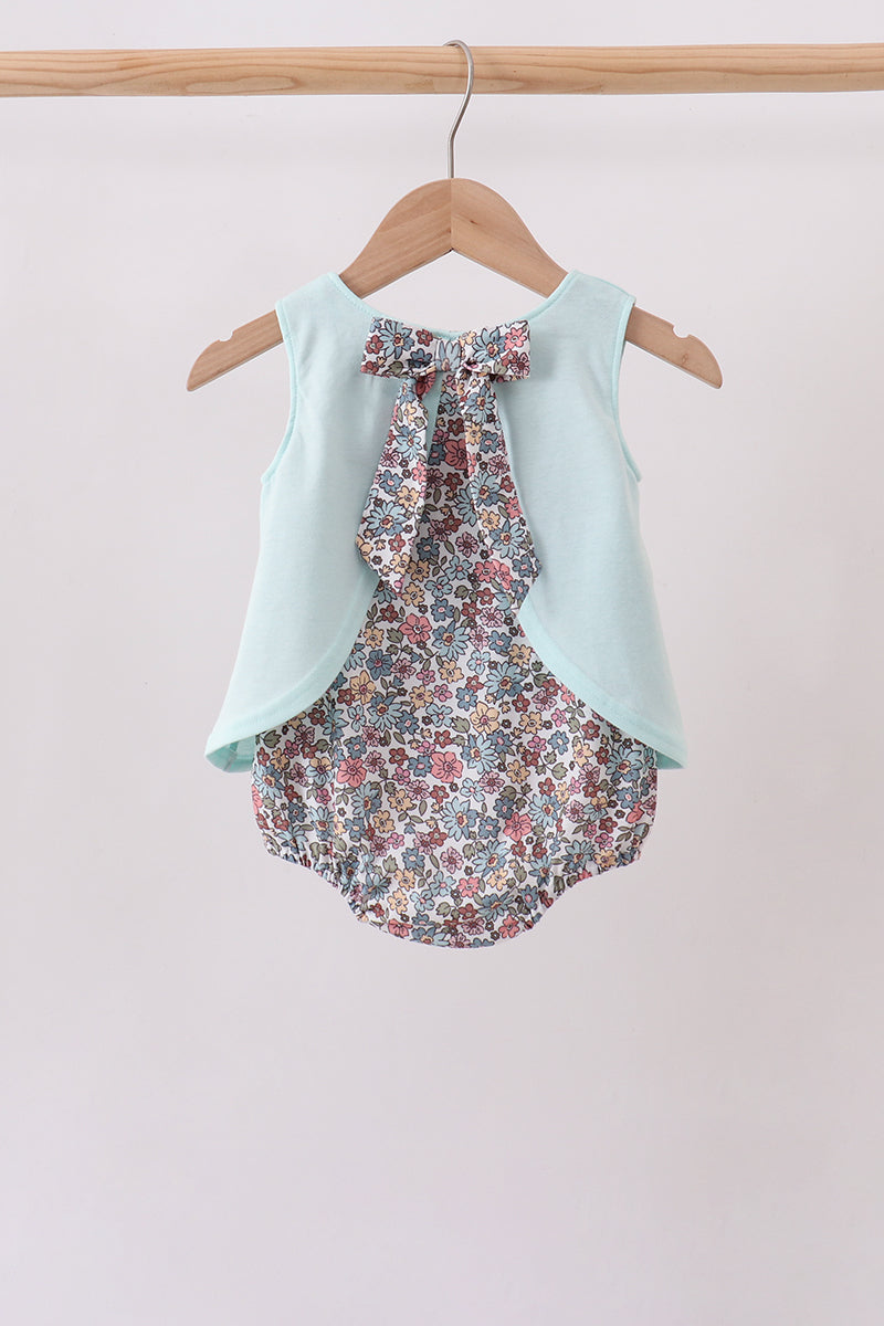 Blue Floral Bow Applique Bubble - Sweet & Soft Baby Girl Style