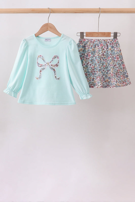 Blue Floral Bow Applique Skorts Set - Pretty & Playful Little Girl Look