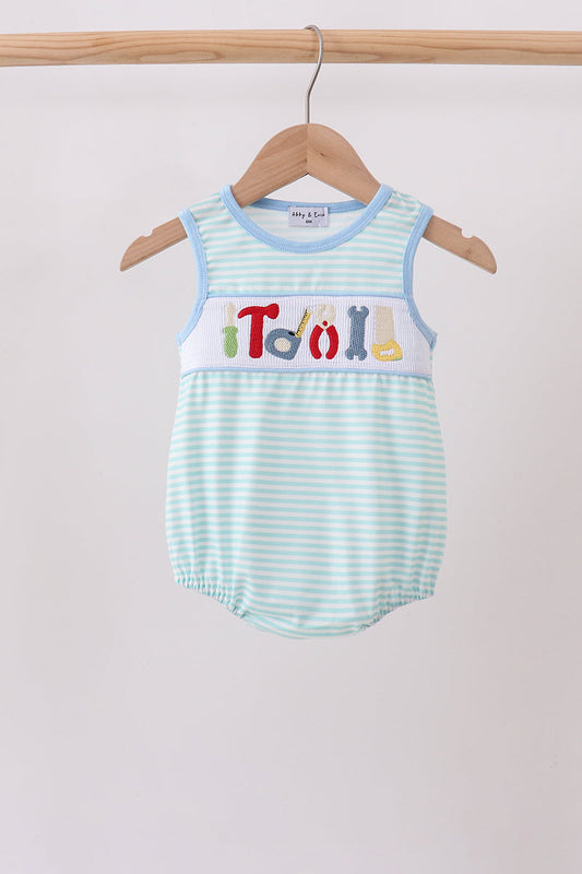 Blue Tool Smocked Stripe Bubble – Cute Baby Boy One-Piece Romper