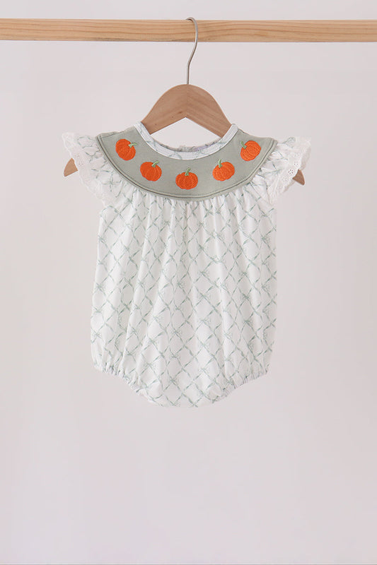 Sage Pumpkin Embroidery Bow Ruffle Bubble - Sweet & Soft Baby Girl Style